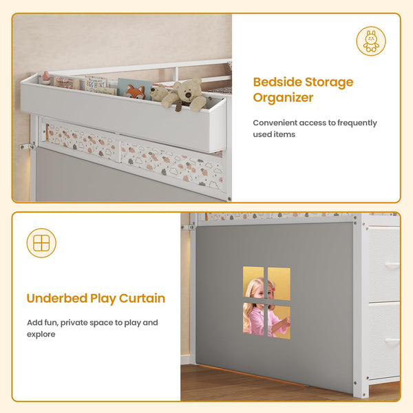 Twin Low Loft Bed with 7 Storage Drawers, LED Lights & Under-Bed Play Space