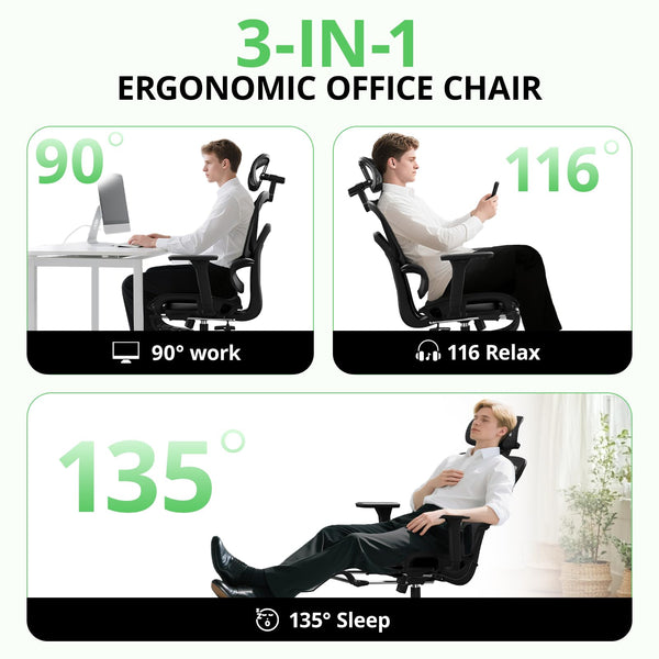 Ergonomic Mesh Office Chair with Footrest & 135° Recline