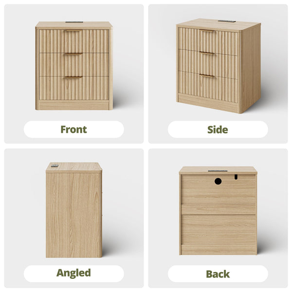 Fluted Nightstand Set of 2 with Charging Station & 3 Drawers
