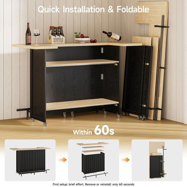 61-Inch Foldable Bar Table with Storage Cabinet & Lockable Wheels