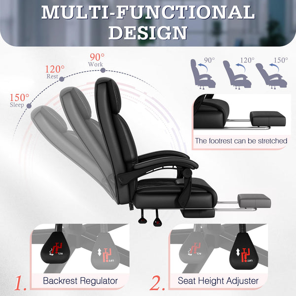 High Back Massage Office Chair with Footrest – 500 lbs Capacity, Reclining