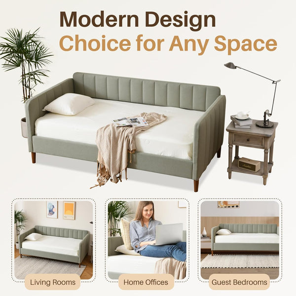 Twin Size Upholstered Daybed with Adjustable Backrest & Wood Slat Support