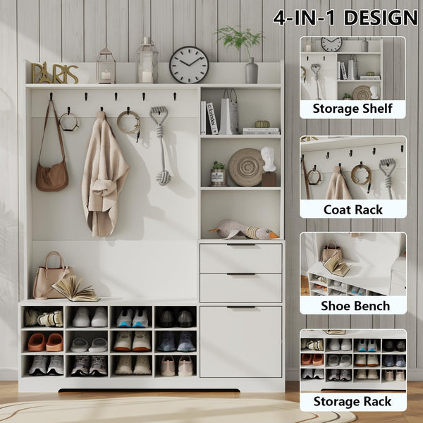 5-in-1 Entryway Hall Tree with Bench & Shoe Storage