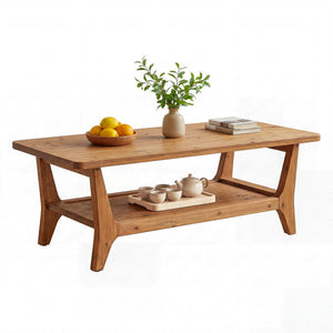 Solid Wood Coffee Table with 2-Tier Shelf & Rounded Corners