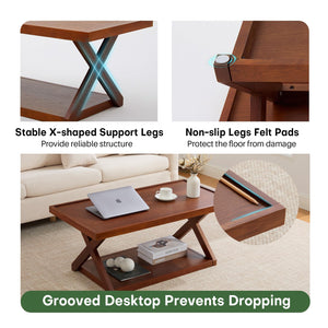 Solid Oak 2-Tier Coffee Table with X-Shaped Base
