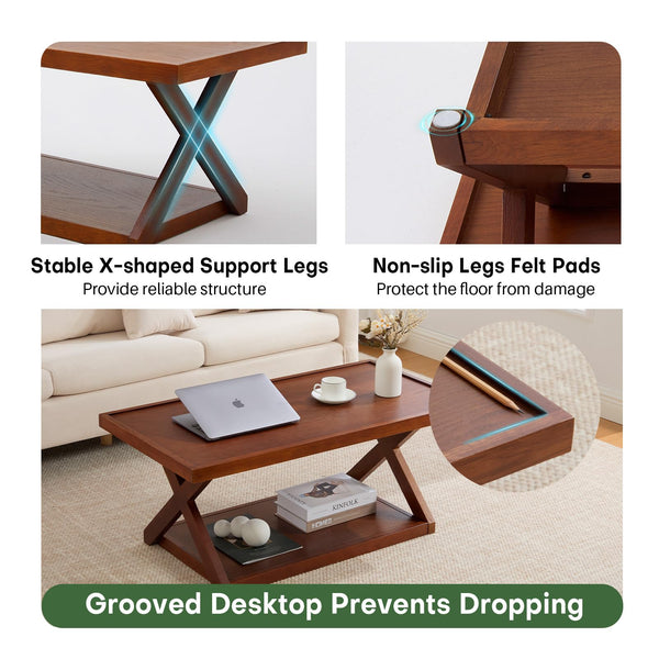 Solid Oak 2-Tier Coffee Table with X-Shaped Base