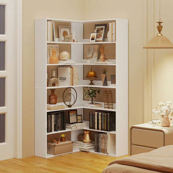 L-Shaped Corner Bookshelf 6-Tier Freestanding