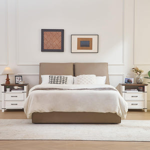 Farmhouse Nightstand with 2 Drawers & Open Shelf – White