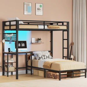 Twin Over Twin L-Shaped Bunk Bed with Desk, LED Lights & Stairs