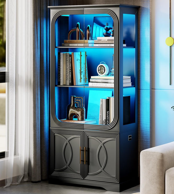 Glass Door Display Cabinet with LED Lights, 5-Tier Bookcase, 69 in Tall