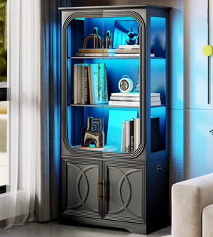 Glass Door Display Cabinet with LED Lights, 5-Tier Bookcase, 69 in Tall