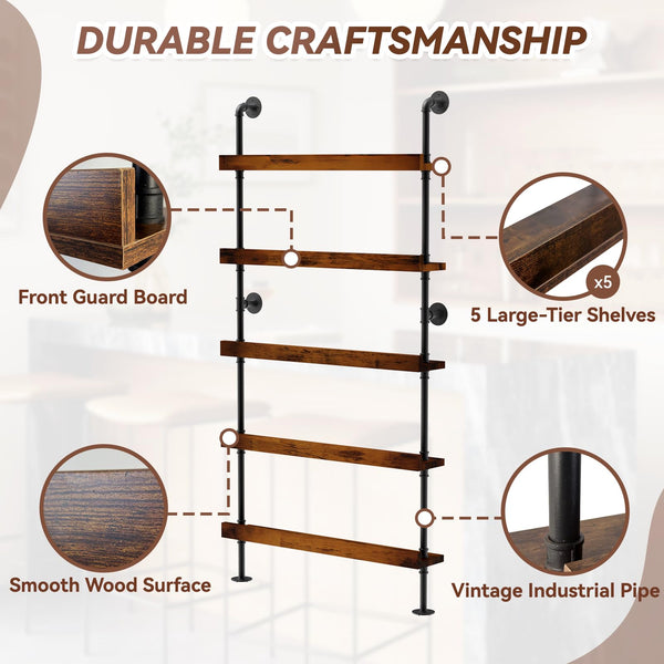 5-Tier Wall Mounted Wine Rack with Industrial Pipe Bar Shelves