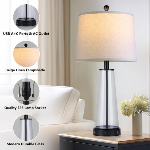 Glass Table Lamp Set of 2 with USB-C, USB-A & AC Outlet, 3-Way Touch Dimmable Bedside Lamp