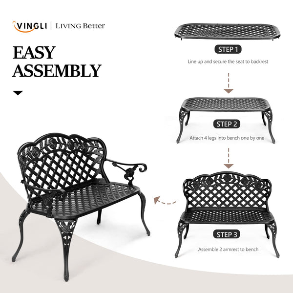 42.5" Antique Cast Aluminum Outdoor Garden Bench – 2-3 Person Seating