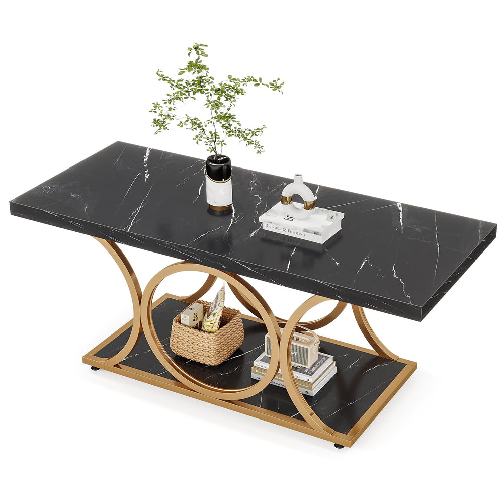 47" 2-Tier Rectangle Coffee Table with Faux Marble Top & Geometric Metal Legs