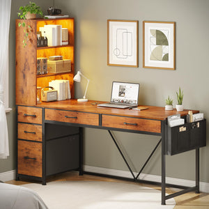 Computer Desk with Drawers, Bookshelf & LED Lights