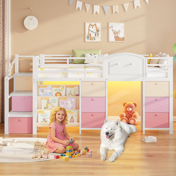 Twin Low Loft Bed with Storage Drawers, Bookcase & LED Lights