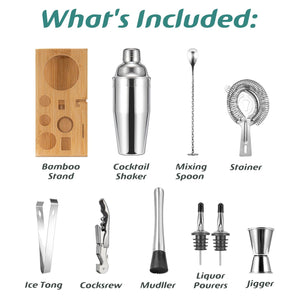 10-Piece Cocktail Shaker & Bar Tool Set with Bamboo Stand