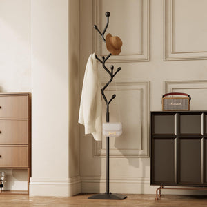 Tree-Shaped Metal Coat Rack Stand with 8 Hooks & Cast Iron Base