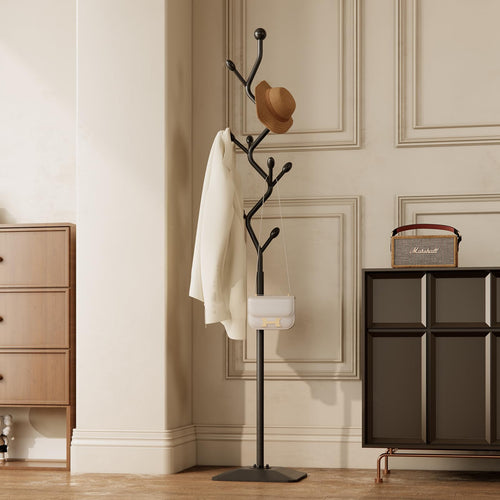 Tree-Shaped Metal Coat Rack Stand with 8 Hooks & Cast Iron Base