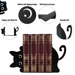 Black Cat Peeking Metal Bookends with Fridge Magnets, 4-Piece Set