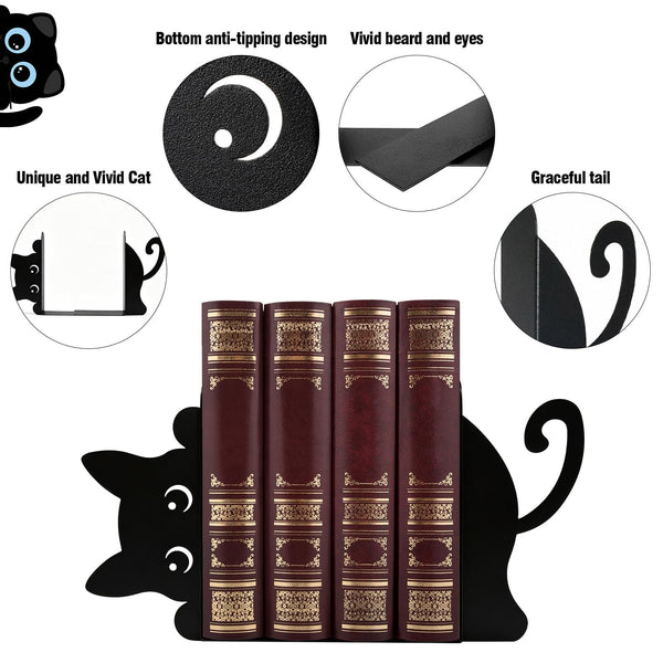Black Cat Peeking Metal Bookends with Fridge Magnets, 4-Piece Set