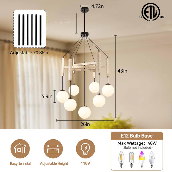 Wood & Glass Farmhouse Chandelier – 7-Light Dining Room Pendant