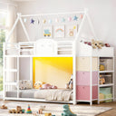 Twin Over Twin House Bunk Bed with Storage Drawers, LED Lights & Stairs