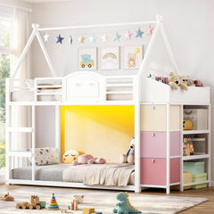 Twin Over Twin House Bunk Bed with Storage Drawers, LED Lights & Stairs