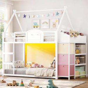 Twin Over Twin House Bunk Bed with Storage Drawers, LED Lights & Stairs
