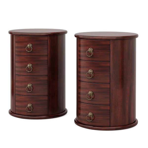 Round Solid Wood Side Table with 4 Drawers – Set of 2
