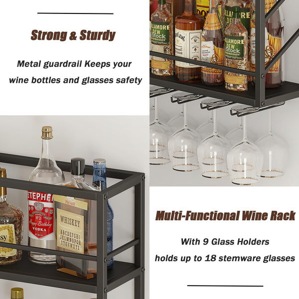 Wall Mounted 2-Tier Metal Wine Rack with Glass Holder