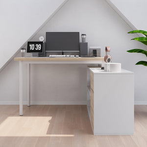 L-Shaped Corner Desk with Drawers and Open Shelves