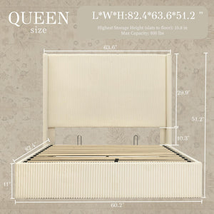 Queen Bed Frame with Lift-Up Storage & Wingback Headboard