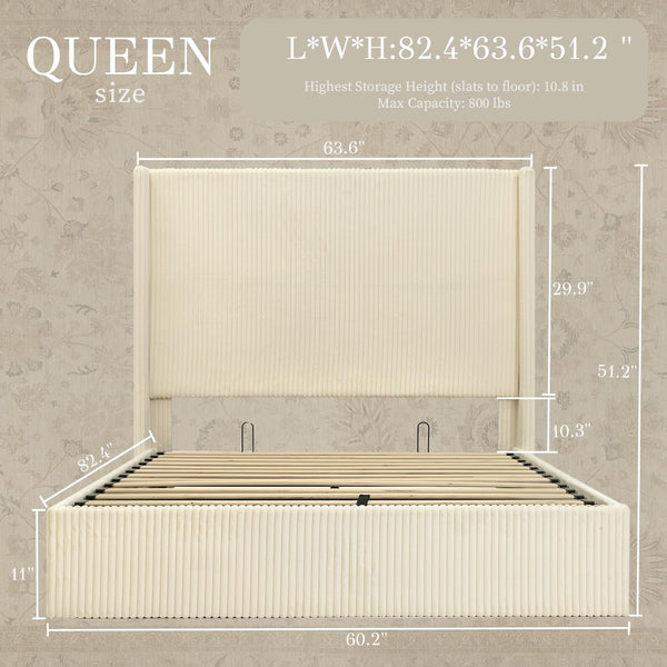 Queen Bed Frame with Lift-Up Storage & Wingback Headboard