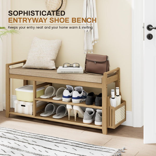 Bamboo Entryway Shoe Bench with Cushion and Side Holder