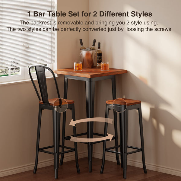 Bar Table and 2 Chairs Set with Elm Wood & Metal Frame