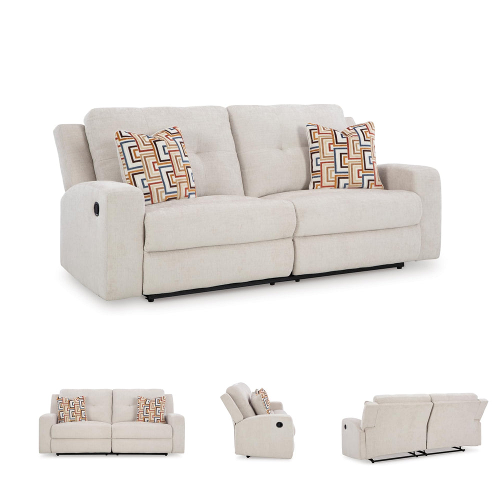 Beige Tufted Manual Reclining Sofa with Accent Pillows