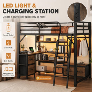Metal Loft Bed with Desk, Storage & RGB LED Lights