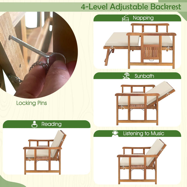 Acacia Wood Outdoor Daybed Set with Adjustable Backrest & Storage Ottoman