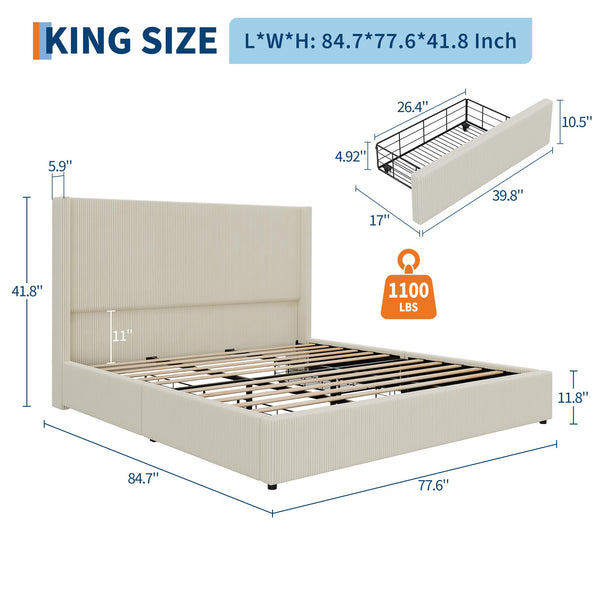 King Size Bed Frame with Storage Drawers, Corduroy Upholstered Wingback Platform Bed