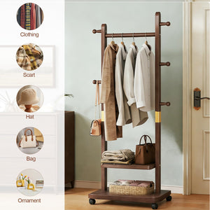 Solid Wood Coat Rack with 2-Tier Shelves, 5 Hooks & Wheels