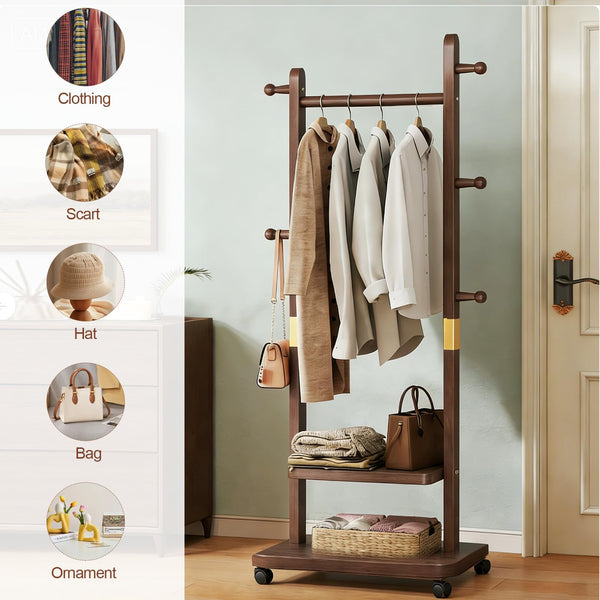 Solid Wood Coat Rack with 2-Tier Shelves, 5 Hooks & Wheels