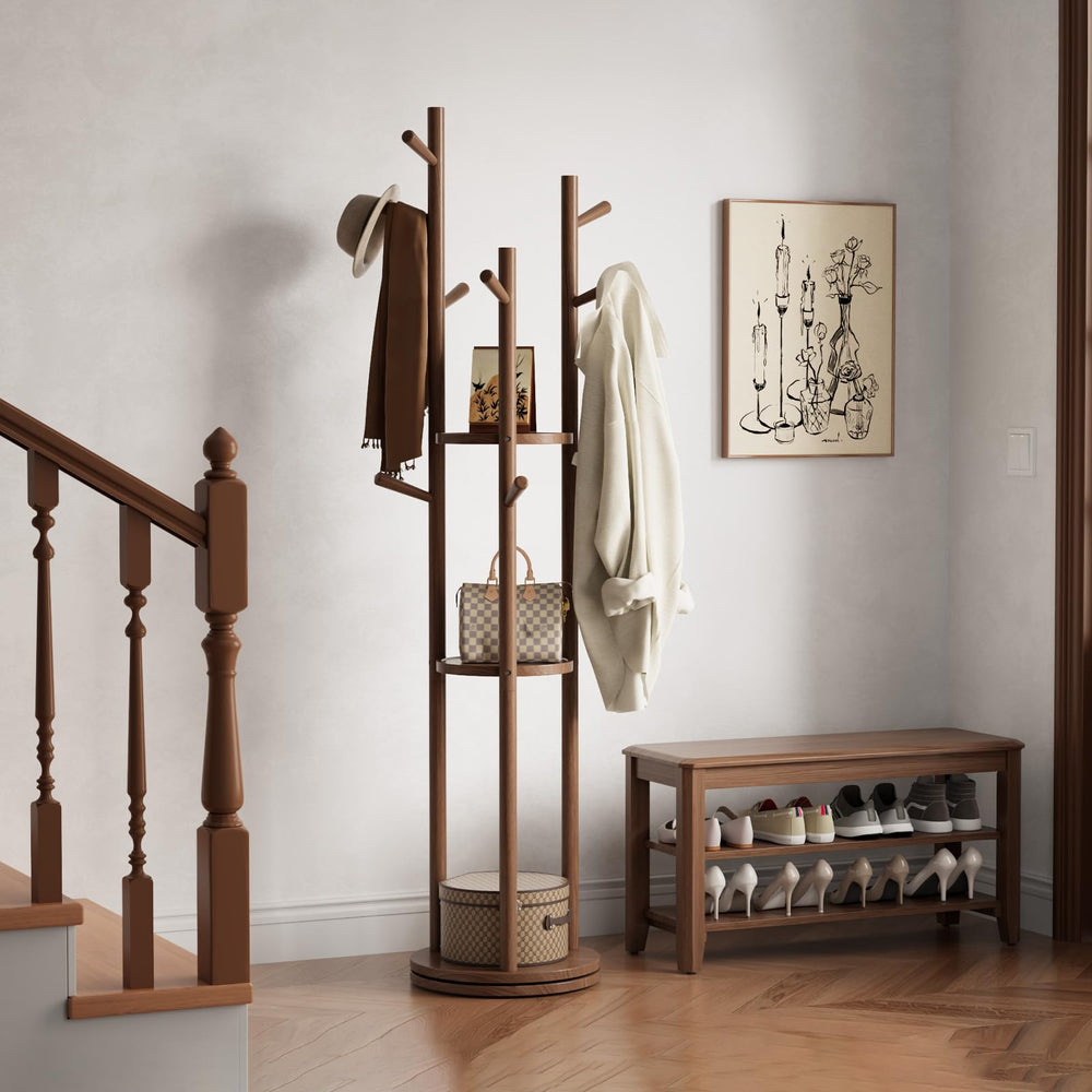 Rotating Wood Coat Rack with 3 Shelves and 9 Hooks
