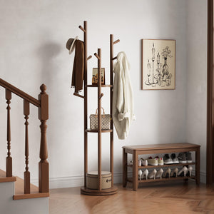 Rotating Wood Coat Rack with 3 Shelves and 9 Hooks