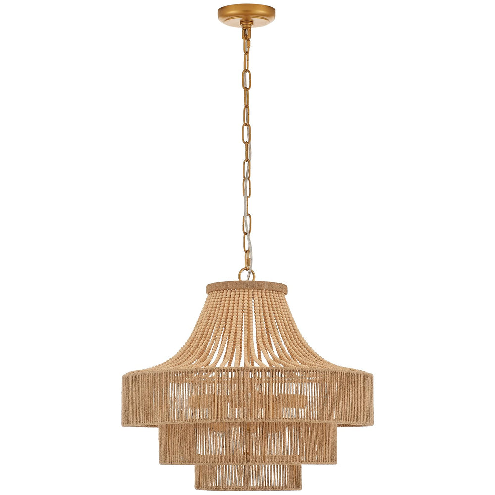 20" Boho Wood Beaded Rattan Chandelier Pendant Light, 6-Light