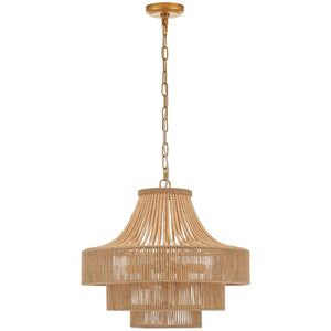 20" Boho Wood Beaded Rattan Chandelier Pendant Light, 6-Light