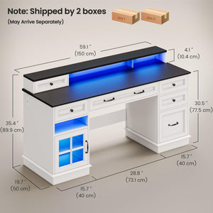 Farmhouse Executive Desk with Drawers, LED Lights & Power Outlet