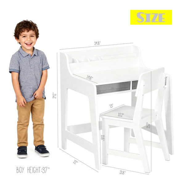 Kids Desk and Chair Set with LED Lamp, Tiltable Desktop & Storage Drawer