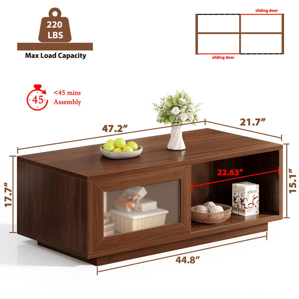 Coffee Table with Sliding Doors & Open Storage Shelf